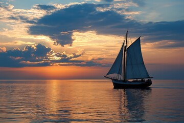 Fototapeta premium A sailing boat glides on a calm sea with the stunning colors of the sunset in the background, creating a dreamy scene.