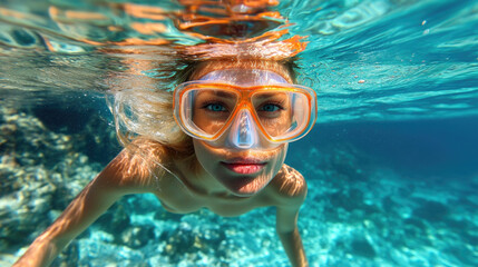 Naklejka premium A woman swims gracefully underwater, wearing snorkel gear, in a clear blue sea teeming with colorful coral and marine life