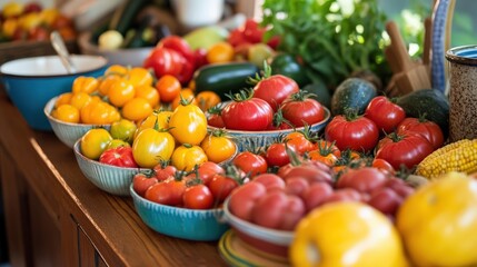 A kitchen table with heirloom ingredients like organic tomatoes, corn, and squash, all in their natural, vibrant colors, ready for preparing a traditional farm-to-table meal