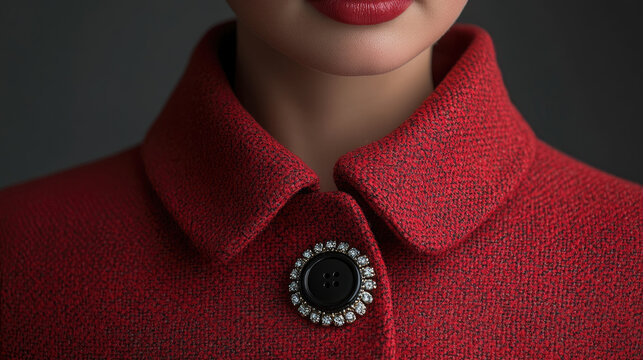 A woman models a stylish red coat with a decorative button, emphasizing the intricate details and fashion elegance in a subtle setting