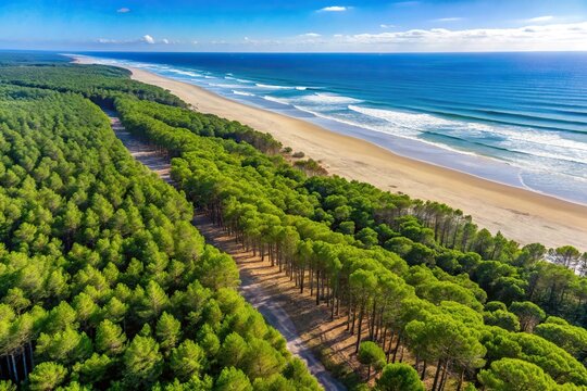 High angle view of pine forest massif at Carcans Plage near Lacanau on French Atlantic coast