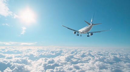 Airplane Flying Above Clouds in Clear Blue Sky