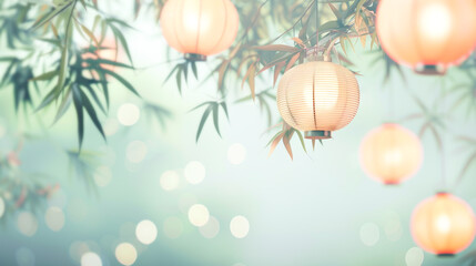 Warmly lit paper lanterns hanging among bamboo leaves, symbolizing Chinese New Year. Set in soft ambient background, evoking sense of asian cultural tradition, celebration, and new beginnings