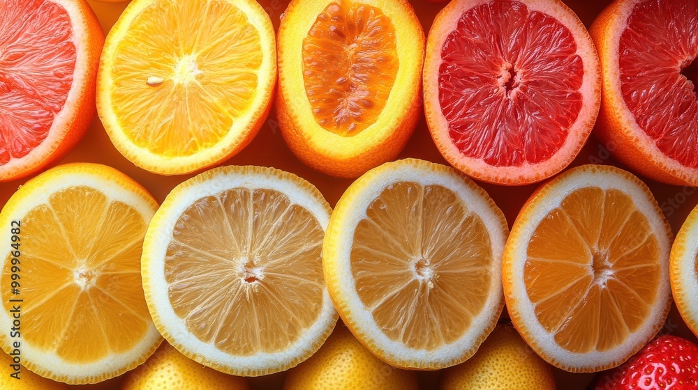 Poster A vibrant pattern of sliced citrus fruits, showcasing the juicy segments and bright colors, creating a visually appealing and refreshing image