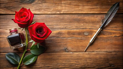 High angle view of quill pen, inkwell, and red roses on wooden table