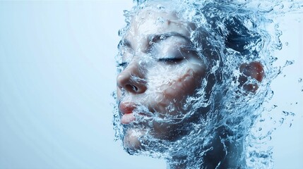 a woman's face covered by waves of crystal clear water