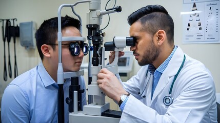  a doctor examining a patient's eyes with an ophthalmoscope