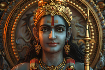 Majestic portrait of Lord Rama with a golden crown and spear during Dussehra celebrations