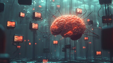 A brain floating in a sea of glowing screens, with wires extending from it like tentacles, attached to devices all around.