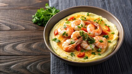 High angle view of shrimp bowl dishes with cream omelette and foam