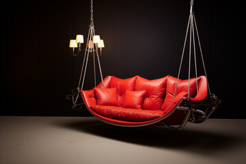 A luxurious, modern swing sofa with soft, plush cushions, suspended by sleek metal chains. lush garden , colorful flowers, greenery,  warm sunlight casting shadows,swing has a wooden canopy for shade.