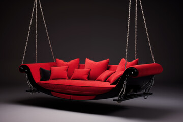 A luxurious, modern swing sofa with soft, plush cushions, suspended by sleek metal chains. lush garden , colorful flowers, greenery,  warm sunlight casting shadows,swing has a wooden canopy for shade.
