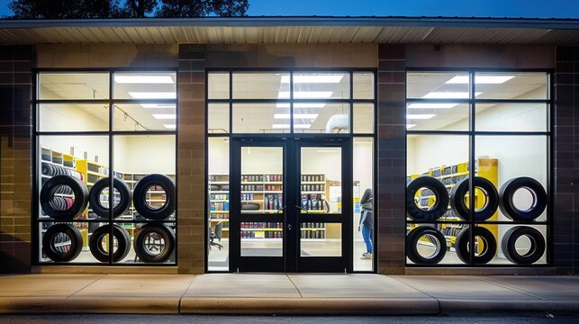 Tire Shop Exterior at Night