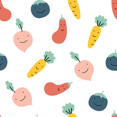 A colorful, cheerful pattern of smiling vegetables on a white background, featuring carrots, radishes, and other playful designs.