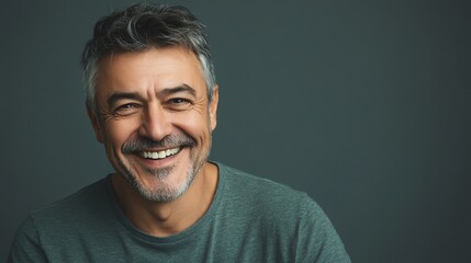 Obraz premium A man with gray hair and a beard smiles broadly at the camera.