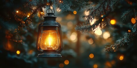 A Vintage Lantern Illuminates the Twilight Forest with Warm, Glowing Lights