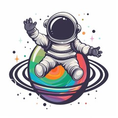 Obraz premium astronaut sitting on planet and waving hand cartoon icon illustration