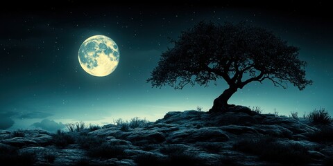 Fototapeta premium A solitary tree stands tall on a rocky hilltop under a luminous moon and a canopy of twinkling stars