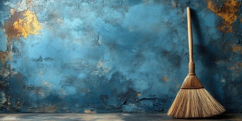 A rustic broom leaning against a weathered blue and gold wall