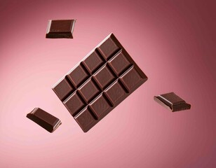 Flying in air tasty dark chocolate on pastel pink background