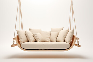  A sleek, modern white swing sofa with smooth cushions and a minimalist frame, hanging from a sturdy wooden beam. The swing is set in a bright, sunlit outdoor space with clean