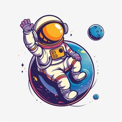 Fototapeta premium astronaut sitting on planet and waving hand cartoon icon illustration