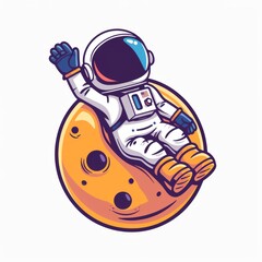 astronaut sitting on planet and waving hand cartoon icon illustration