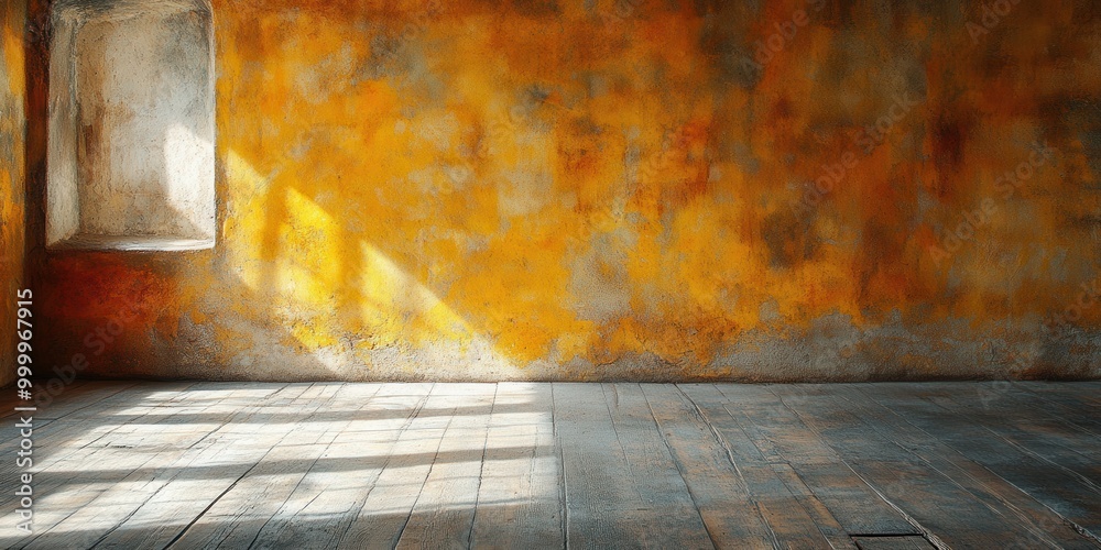 Aufkleber a rustic room with a patch of sunlight illuminating a weathered wooden floor and a partially blocked
