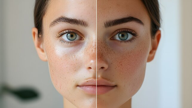 Acne-prone skin clearing over time in a time-lapse style, each day showing reduced inflammation, smoother texture, and more radiant complexion after diet change