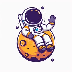 astronaut sitting on planet and waving hand cartoon icon illustration