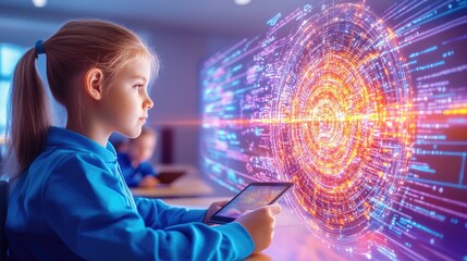 Future learning: young girl exploring digital technology with augmented reality interface