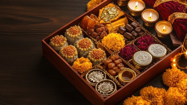 Luxurious Diwali gift hamper beautifully displayed on polished wooden surface, filled with traditional sweets and festive items, representing joy and generosity, Diwali, gift hamper, luxury