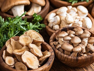 Fototapeta premium A close-up of organic mushroom-based ingredients such as reishi, shiitake, and lion mane, arranged in rustic wooden bowls with fresh herbs, symbolizing their adaptogenic and health-boosting properties