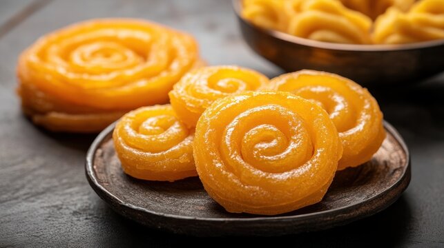 Top view of colorful laddus and crispy jalebis arranged on a wooden table, showcasing textures and vibrant colors, Indian festival, Diwali sweets, traditional treats.