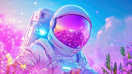 Astronaut exploring dreamy lavender fields with futuristic pink glow and magic atmosphere