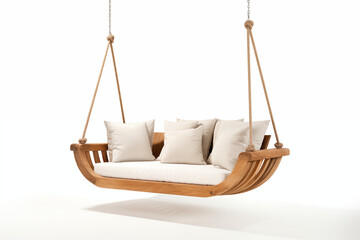 white swing sofa with no embellishments, suspended by thin, nearly invisible metal chains. The background is a blank white space, with the focus entirely on elegant simplicity of  sofa&rsquo;s clean lines