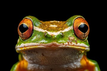 Closeup Head of Male Flying frog, Javan tree frog closeup image, rhacophorus reinwartii male closeup head on black background,generative ai
