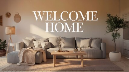 Cozy Living Room with Warm Glow and "Welcome Home" Sign