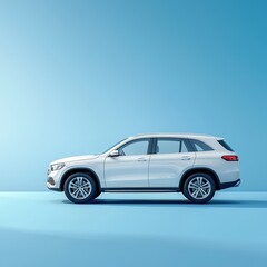 Obraz premium A sleek white SUV stands on a minimalist backdrop, showcasing modern design and luxury. Perfect for themes of travel, technology, and innovation.