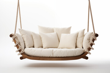  A sleek, modern white swing sofa with smooth cushions and a minimalist frame, hanging from a sturdy wooden beam. The swing is set in a bright, sunlit outdoor space with clean