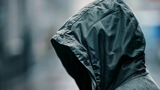 Man in a waterproof jacket stands alone in the rainy street, protected from the drops bouncing off the fabric, creating a mysterious urban atmosphere