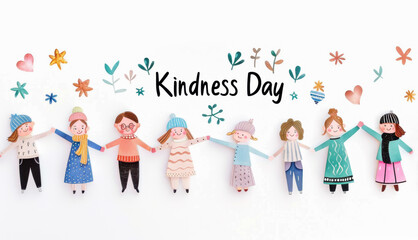 Fototapeta premium Children, paper dolls, holding hands, celebrating Kindness Day, friendship, diversity, community, paper craft, colorful illustration, unity concept