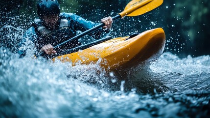 Naklejka premium A man kayaks through whitewater rapids.