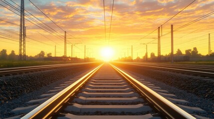Railway tracks under a beautiful sunset sky
