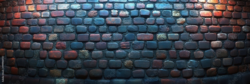 Poster A close-up view of a cobblestone road with a warm glow emanating from the right and left sides, highlighting the uneven texture of the stones.