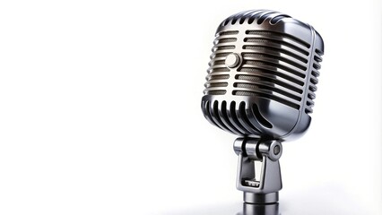 Fototapeta premium High angle view of vintage vocal microphone on white background with copy space