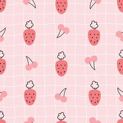 A playful pattern featuring strawberries and cherries on a soft pink background, perfect for vibrant textile designs.