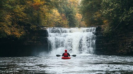 Fototapeta premium A kayaker paddles towards a waterfall in the forest.