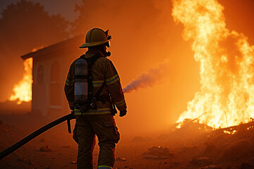 fireman with protective outfit and hose working at fire event, generative AI