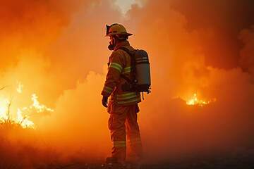 Naklejka premium fireman with protective outfit and hose working at fire event, generative AI